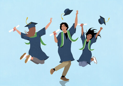 Excited college students jumping and celebrating graduation, throwing mortarboards
