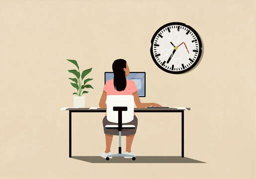 Businesswoman looking up at broken clock on wall