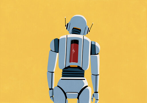 Low battery in back of humanoid robot against yellow background