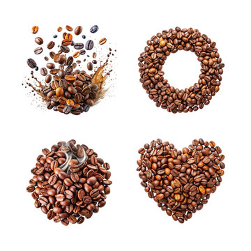 Coffee beans isolated on transparent background in shapes