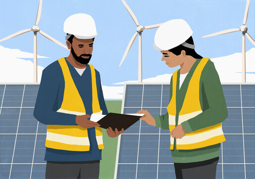 Engineers meeting near solar panel and wind turbines