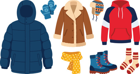 Winter clothes and warm outerwear flat vector set with puffer jacket shearling coat hoodie mittens scarf boots and socks isolated on white background © MdJillur