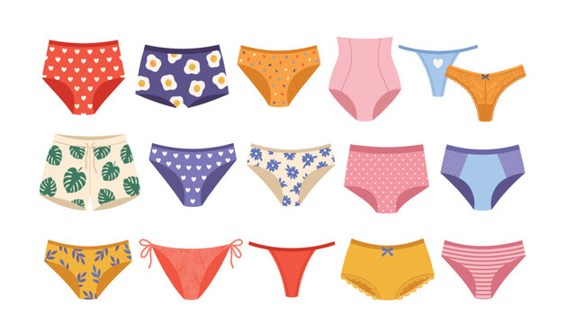 Women panties transparent underwear vector set, cute female lingerie collection, different colorful briefs, thongs, and cotton panties icons.