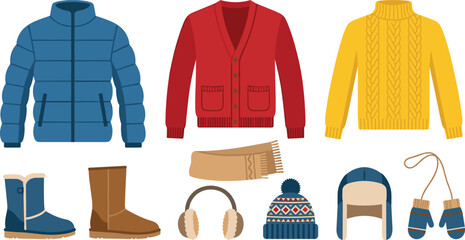 Winter clothes and warm outerwear vector set with puffer jacket cardigan knit sweater boots scarf earmuffs beanie hat and mittens isolated on white background © MdJillur