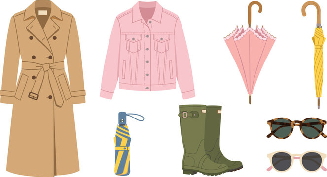 Flat vector autumn and spring fashion apparel set with trench coat denim jacket umbrellas rubber rain boots and sunglasses isolated on white background