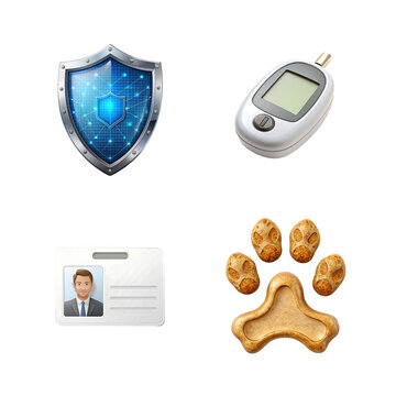 Four icons isolated on transparent background shield glucometer id card dog paw