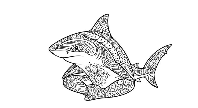 Stylized shark zentangle illustration for adult coloring page design.