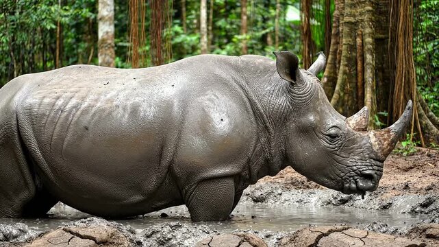 Majestic Javan Rhinoceros Standing In A Muddy Wallow Within The Lush Ujung Kulon Rainforest Habitat Captured In Stunning Detail