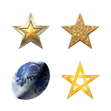 Golden stars and moon isolated on transparent background