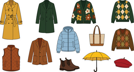 Flat vector autumn fashion collection with trench coat overcoat floral cardigan argyle sweaters puffer jacket vest blazer boots umbrella beret isolated on white background © MdJillur