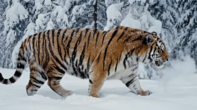 Majestic Siberian Tiger Walking Slowly Through A Deep Snow-Covered Forest Surrounded By Winter Wonderland Scenery