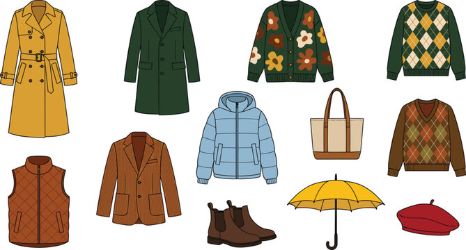 Flat vector autumn fashion collection with trench coat overcoat floral cardigan argyle sweaters puffer jacket vest blazer boots umbrella beret isolated on white background