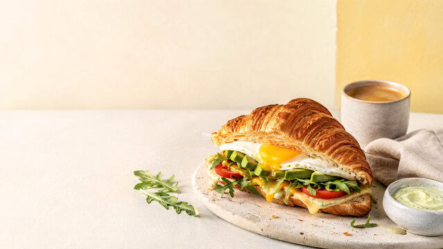 Croissant śniadaniowy z jajkiem, awokado i kawą