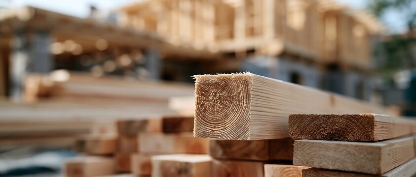 Timber planks stacked on a construction site with a wooden house frame in the background. Building materials for residential construction, carpentry, architecture and developer marketing