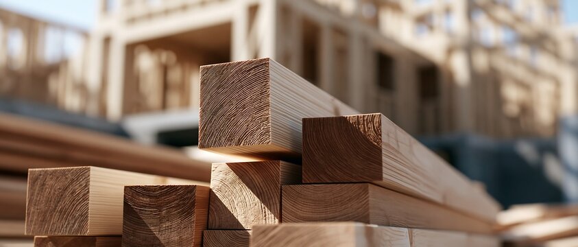Stacked timber beams with visible wood grain at a residential construction site. Building materials for carpentry, home construction, architecture and real estate development