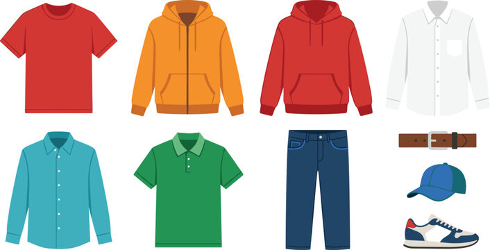 Flat vector men casual clothing icon set with t-shirt hoodie sweatshirt button shirt polo shirt jeans belt cap and sneaker isolated on white background