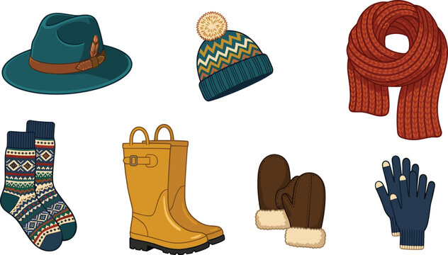 Flat vector autumn and winter fashion accessories set with fedora hat beanie knit scarf patterned socks rain boots mittens and gloves isolated on white background