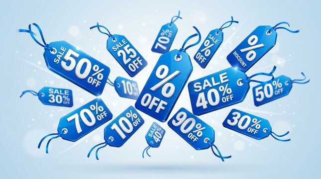 Set Flying biru 3D diskon tag dengan tanda persen, terisolasi pada latar belakang. Label kupon untuk promosi, penjualan, spanduk.
