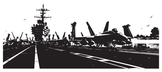 Naklejka premium Fighter Jets on Aircraft Carrier Flight Deck Naval Aviation Illustration