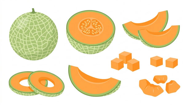 Fresh Cantaloupe Melon Fruit Vector EPS 10 Illustration Set for Healthy Food Design