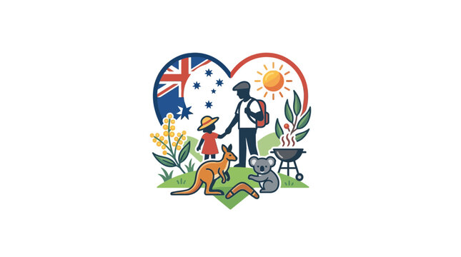 Family enjoying Australian outdoors with native animals and flag heart