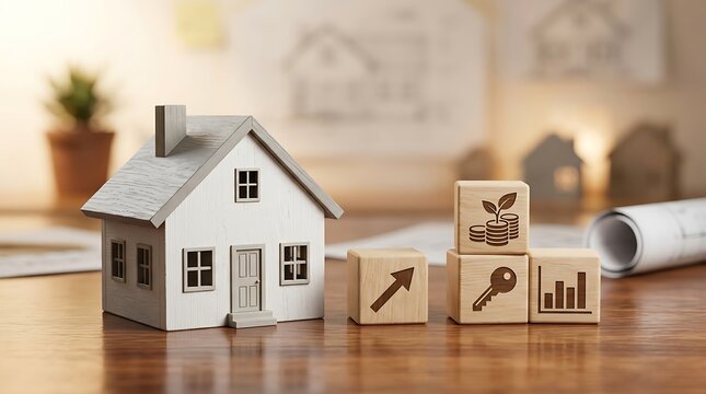 Miniature wooden house model with icons on cubes representing real estate and home investment property miniature business
