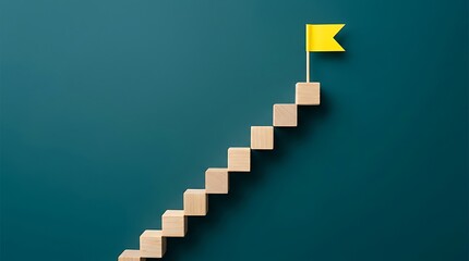 Fototapeta premium Staircase made of wooden cubes with a small yellow flag at the top representing success achievement and goal setting, achievement
