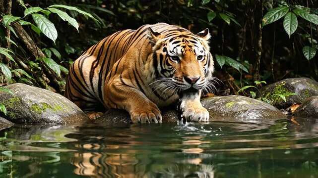 Sumatran Tiger Drinking From A Crystal-Clear Forest Pool Surrounded By Lush Greenery In Its Natural Habitat