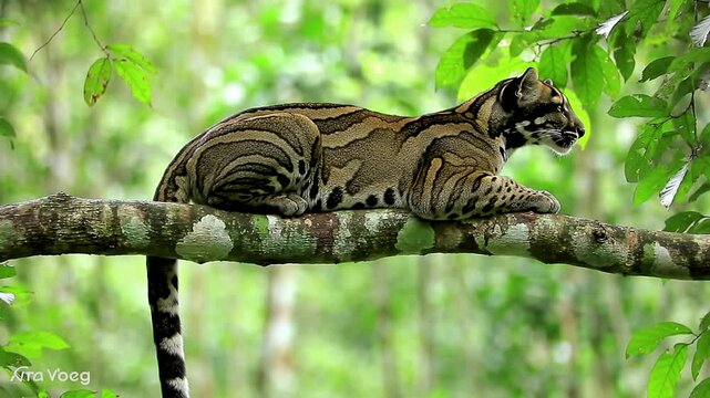 Sunda Clouded Leopard Lounging Gracefully on a Tree Limb in the Lush Sumatran Rainforest