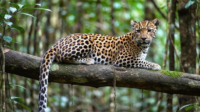 Sunda Clouded Leopard Perched Gracefully on a Thick Tropical Branch in a Lush Rainforest Environment