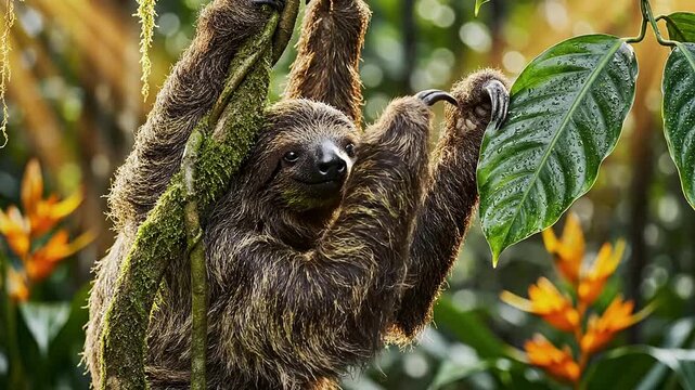 Two-Toed Sloth Hanging From Thick Tropical Vine Surrounded By Lush Greenery and Vibrant Flowers in a Rainforest Setting
