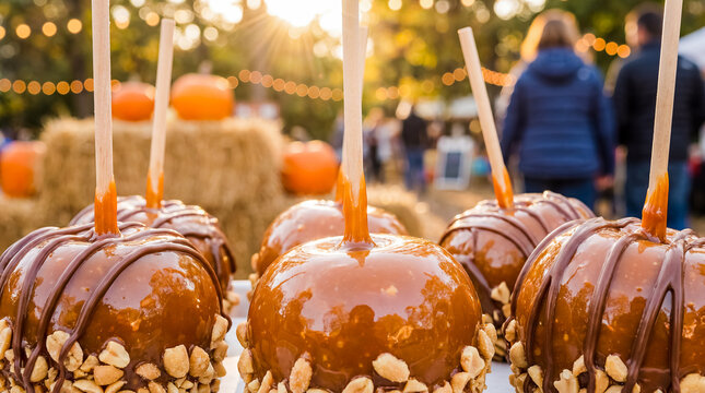 Halloween caramel apples candy sticks autumn dessert party treats coated apples displayed in a festive row with golden caramel texture and nostalgic fair celebration mood for confectionery branding