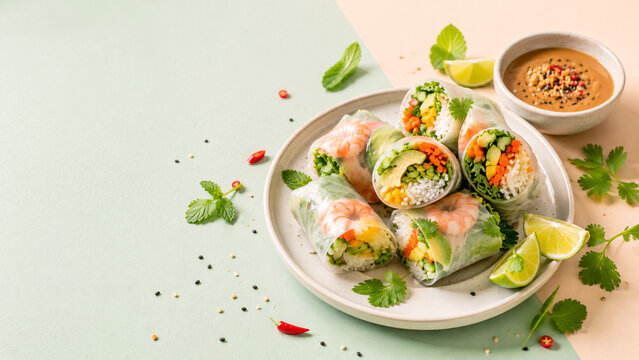 Świeże spring rolls z krewetkami, warzywami i sosem orzechowym
