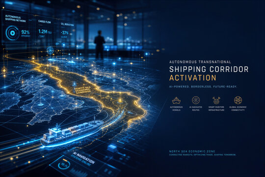 Autonomous Transnational Shipping Corridor Activation holographic North Sea smart shipping map with AI navigation golden corridor and maritime automation command center interface