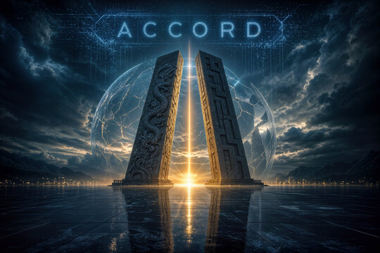 Monumental abstract stone pillars with dragon and geometric carvings converging over golden beam and fractured crystal globe symbolizing multipolar diplomacy China Russia alliance international accord