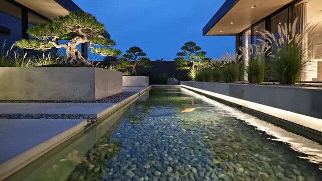 Tranquil outdoor evening scene with koi fish swimming in a modern water feature illuminated by warm ambient lighting