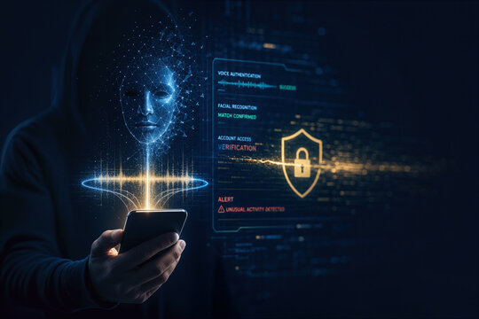 Synthetic identity fraud telebanking scene with faceless customer holding smartphone holographic facial scan voice waveform deceptive mask biometric impersonation and verification bypass