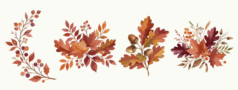 Set of autumn leaf arrangements with warm seasonal foliage, hand painted watercolor illustration, ideal for fall invitations and decorations