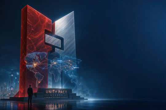 China-Russia Unity Pact Accord monumental interlocking monoliths with East-West trade holographic lattice and anonymous leader silhouette multipolar diplomacy geopolitical shift