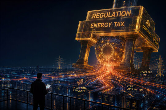 Federal crypto mining regulation energy tax crushing proof of work node with power grid strain fiber optic energy pulses and data analyst overseeing utility consumption and compliance