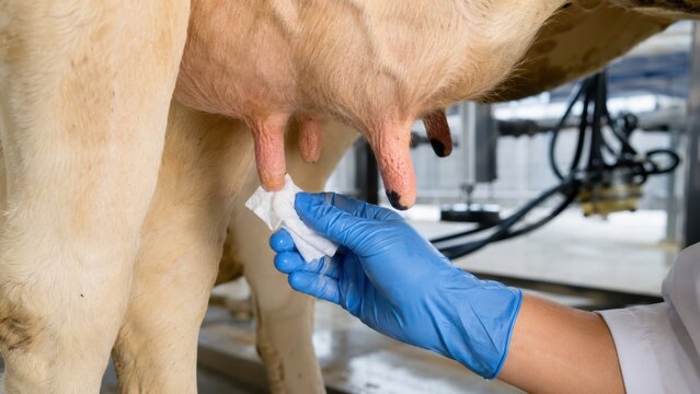 agricultural worker cleaning dairy cow teats with sanitary gloves before automatic milking, udder hygiene, livestock care and food safety concept