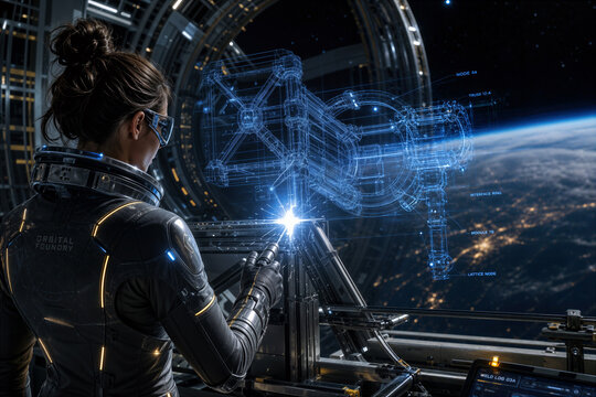 Female space engineer welding holographic orbital fabrication blueprint in clean high-tech orbital foundry celebrating diversity in STEM and orbital construction milestone innovation