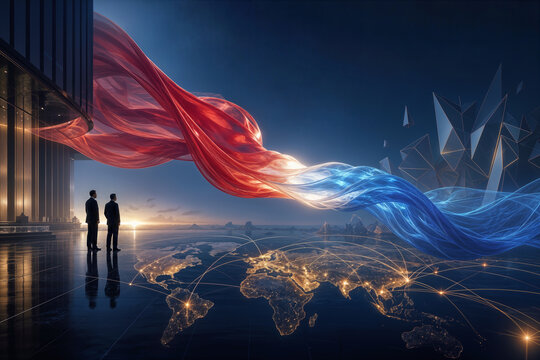 China Russia strategic alignment cinematic silk banners merging into luminous bridge above illuminated world map symbolizing unity pact multipolar diplomacy and global power shift
