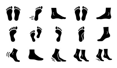 Obraz premium Black Footprint and Human Foot Silhouette Icons with Barefoot Walking and Sock Symbols Vector Set