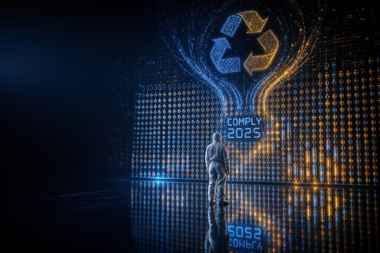 COMPLY 2025 battery recycling compliance wall with technician in cleanroom suit before glowing lithium cobalt cell grid and holographic recycling loop data streams for circular economy