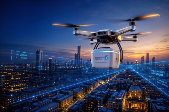 Autonomous medical delivery drone carrying insulated cold chain pharmaceutical pod with bioluminescent seal in regulated urban airspace holographic corridor for healthcare logistics and UAV transport