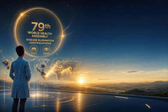 79th World Health Assembly disease elimination certifications holographic seal with healthcare professional overlooking global malaria and trachoma eradication horizon primary healthcare triumph