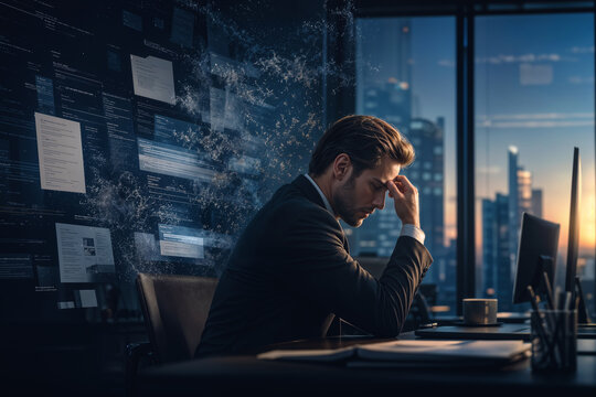 Solitary middle manager in modern glass office at dusk with floating AI documents and code fragments dissolving into smoke symbolizing Copilot Depletion and executive mental fatigue