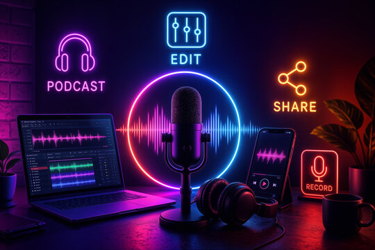Neon podcasting studio microphone with laptop audio editing waveforms headphones smartphone record edit share workflow for creative storytelling and content creation projects