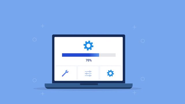 Modern flat vector animation of a laptop displaying a system configuration dashboard with settings, tools, and progress bar. Ideal for software management, technology, and web interface projects.